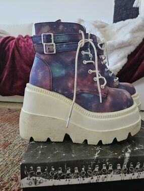 Demonia Galaxy Reflective Platform Lace-Up Ankle Boots